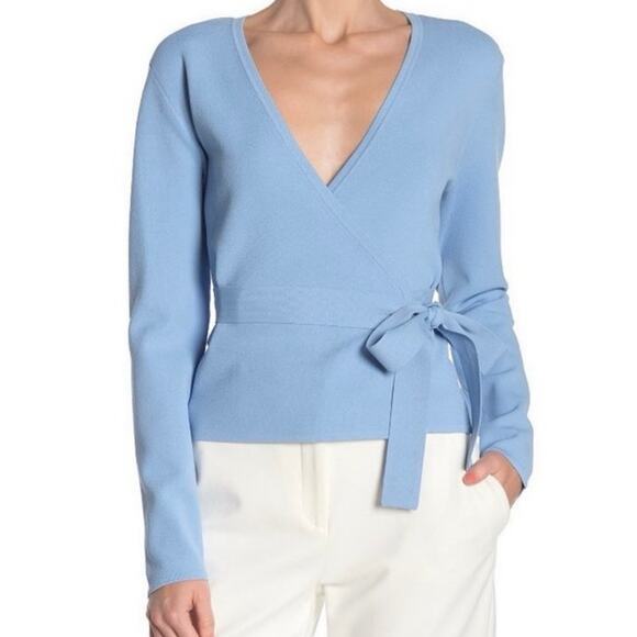 Diane von Furstenberg Wool-Cashmere Knitted Ballet Cloud Blue Wrap Sweater Sz LG - Picture 1 of 12